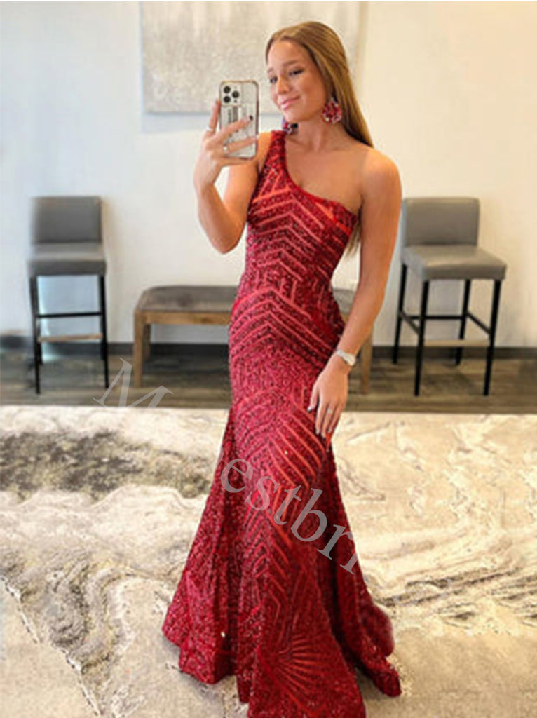 Sexy One shoulder Sleeveless Mermaid Long Prom Dresses,PDS0651