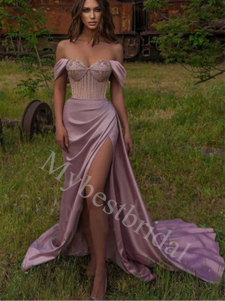 Elegant Off shoulder Sweetheart Side slit  Sheath Long Prom Dresses,PDS0645