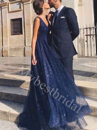 Elegant V-neck sleeveless  A-line Long Prom Dresses,PDS0634