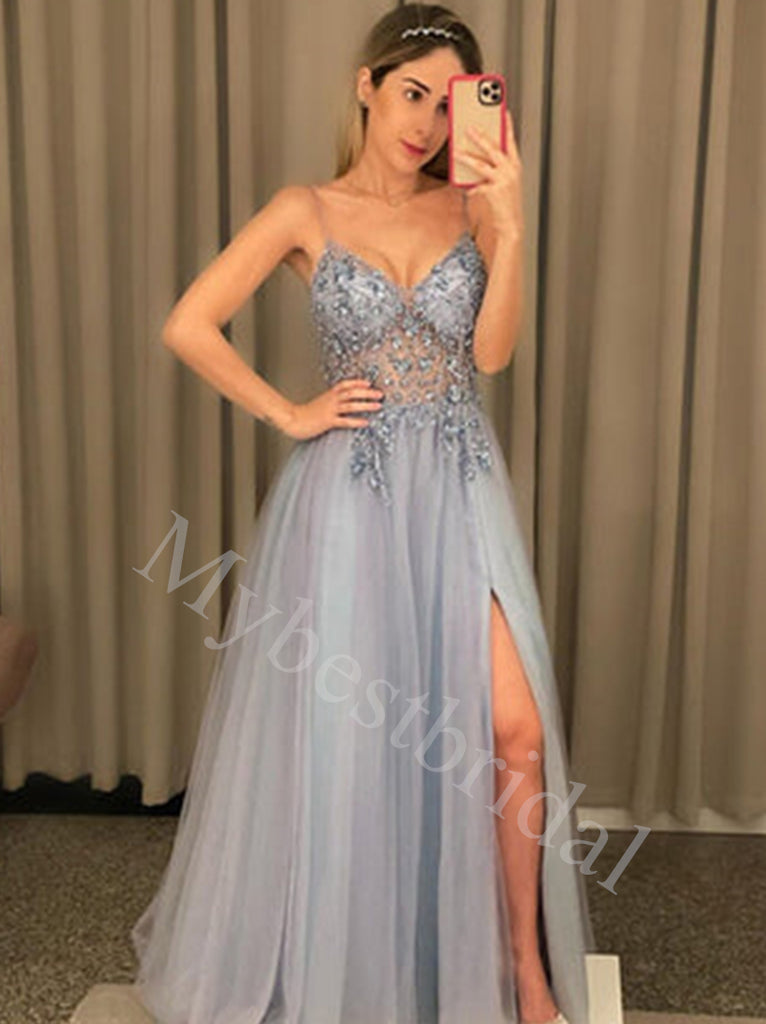Elegant V-neck Side slit A-line Long Prom Dresses,PDS0658