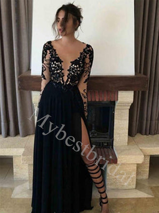 Elegant V-neck Long sleeves Side slit A-line Long Prom Dresses,PDS0659