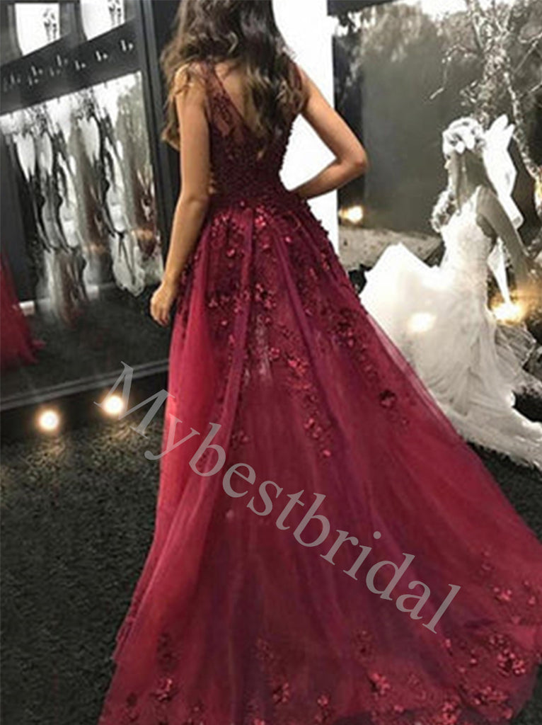 Sexy Sleeveless V-neck Side slit A-line Prom Dresses,PDS0601