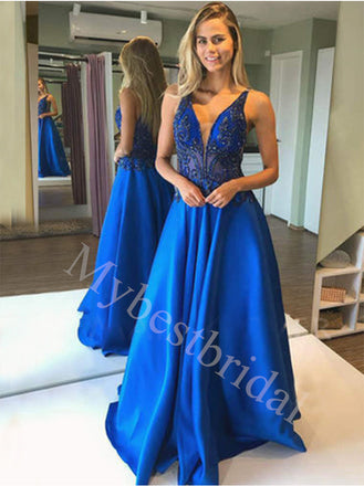 Sexy Deep V-neck Sleeveless V-back A-line Prom Dresses,PDS0592
