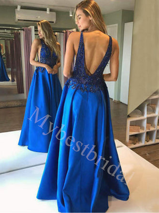 Sexy Deep V-neck Sleeveless V-back A-line Prom Dresses,PDS0592