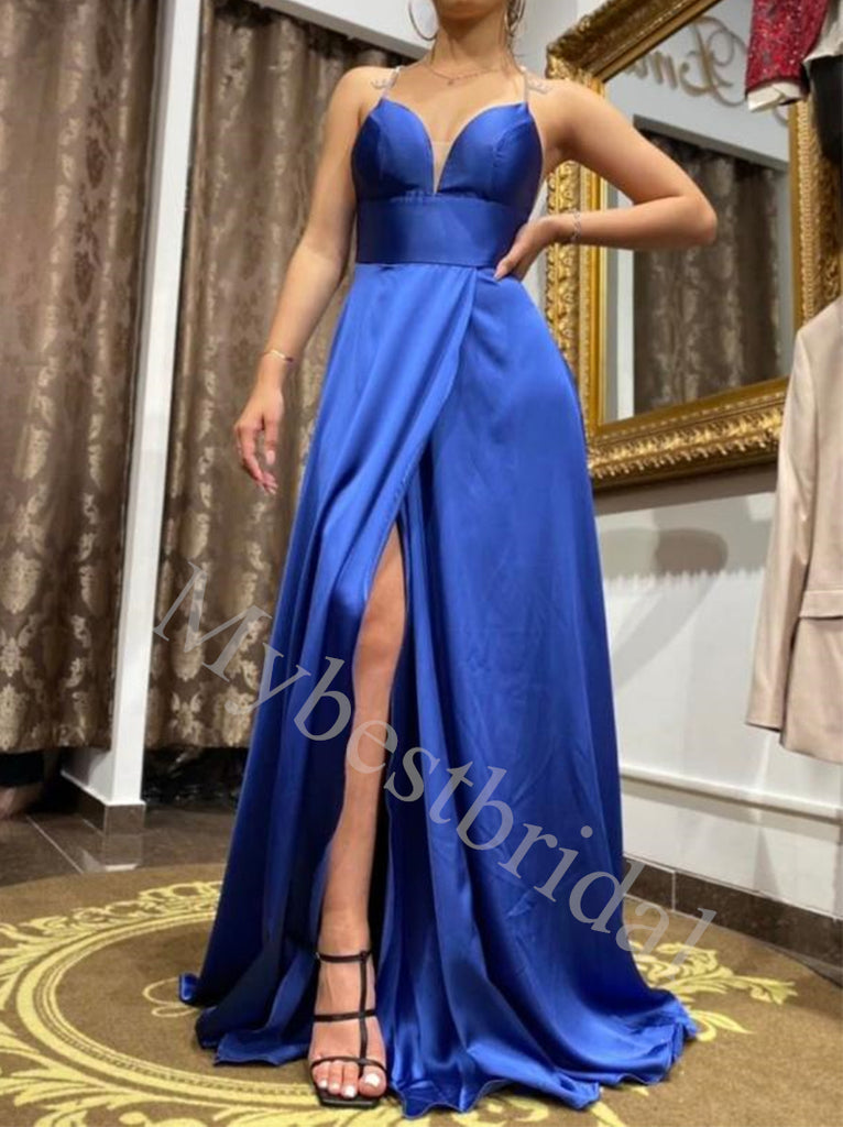 Elegant V-neck Side slit A-line Prom Dresses,PDS0683