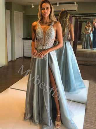 Sexy Deep V-neck Sleeveless Side slit A-line Prom Dresses,PDS0593