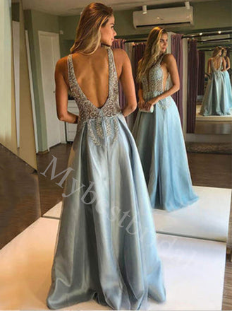 Sexy Deep V-neck Sleeveless Side slit A-line Prom Dresses,PDS0593
