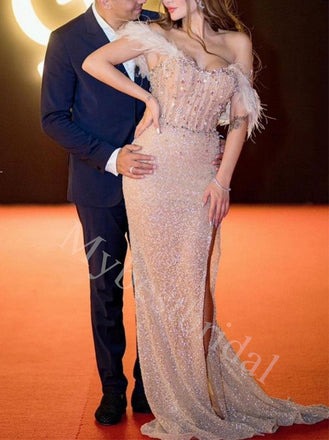 Sexy Sweetheart Off shoulder Side slit Mermaid Long Prom Dresses,PDS0648