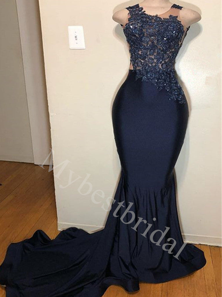 Elegant Sleeveless Mermaid Lace applique Prom Dresses,PDS0716