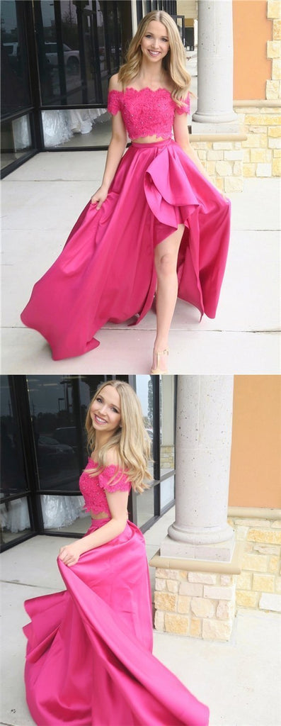 2 Pieces Lace Satin Prom Dresses, Beaded Prom Dresses, Off Shoulder Prom Dresses, Prom Dresses, BG0390