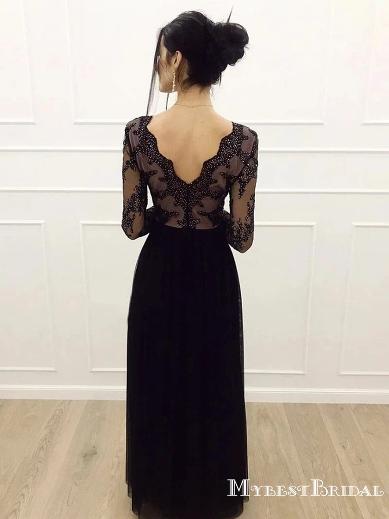 Charming Elegant V Neck Lace Black A Line Long Sleeves Tulle Cheap Prom Dresses with Split, PDS0041