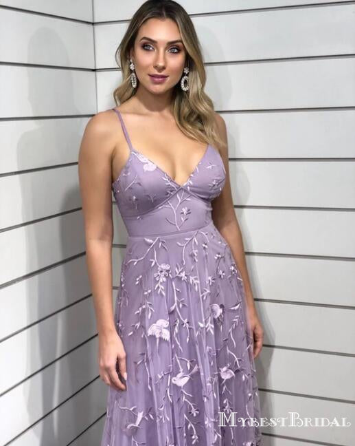 Spaghetti Strap Sleeveless Lilac Lace A-line Long Cheap  Charming Formal Evening Prom Dresses, TYP0123