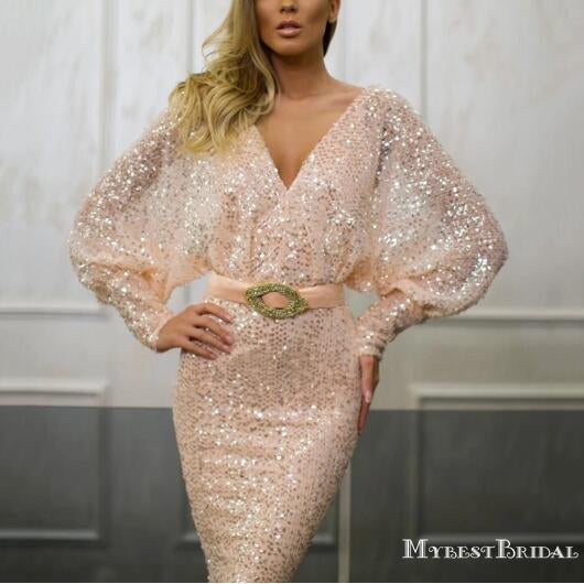Long Sleeves V-neck Sexy Backless Champagne Sequin Long Cheap Formal Evening Prom Dresses, TYP0125