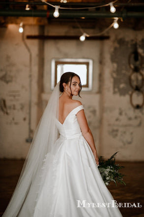 Off-The-Shoulder Simple White Satin Ball Gown Long Cheap Wedding Dresses, WDS0025