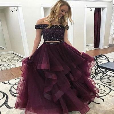 Off Shoulder Beaded Top Two Pieces Burgundy Long Prom Dress,Formal Dresses,PDY0268