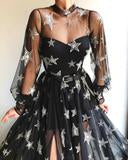 Elegant Chaming New Arrival Illusion Neckline Long Sleeves Black Tulle Long Cheap Formal Evening Prom Dresses, TYP0128