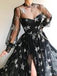 Elegant Chaming New Arrival Illusion Neckline Long Sleeves Black Tulle Long Cheap Formal Evening Prom Dresses, TYP0128
