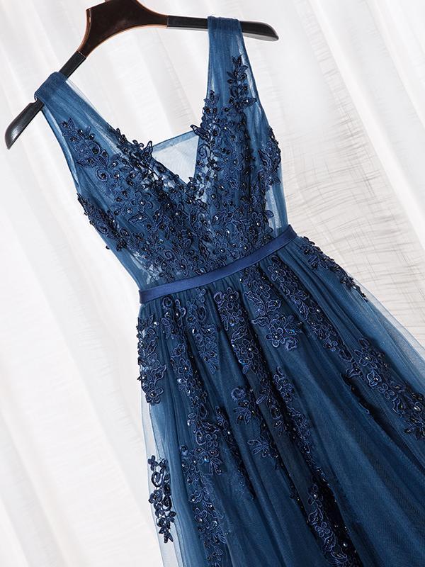 A-line V-neck Beaded Navy Blue Lace Prom Dress ,Cheap Prom Dresses,PDY0411