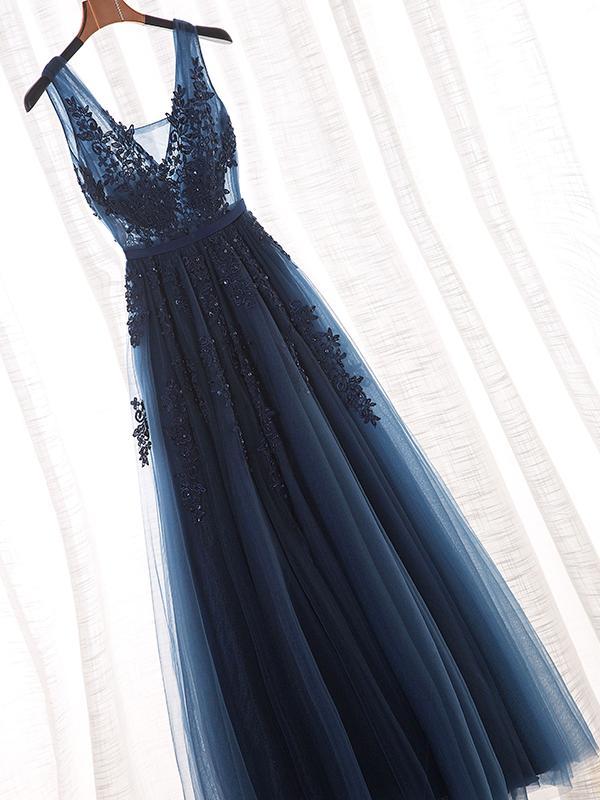 A-line V-neck Beaded Navy Blue Lace Prom Dress ,Cheap Prom Dresses,PDY0411