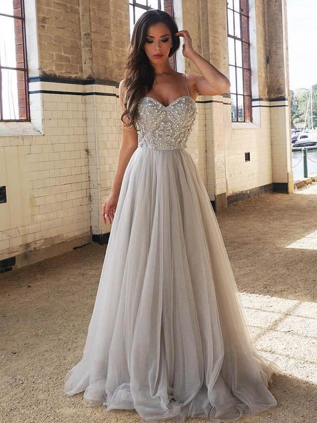 A-line Beaded Spaghetti Straps Grey Tulle Prom Dress ,Cheap Prom Dresses,PDY0406