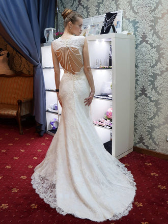 Mermaid Open Back Beaded White Lace Wedding Dresses.Cheap Wedding Dresses, WDY0273