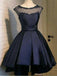 A-line Bateau Navy Blue Lace Homecoming Dress  ,Short Prom Dresses,BDY0352