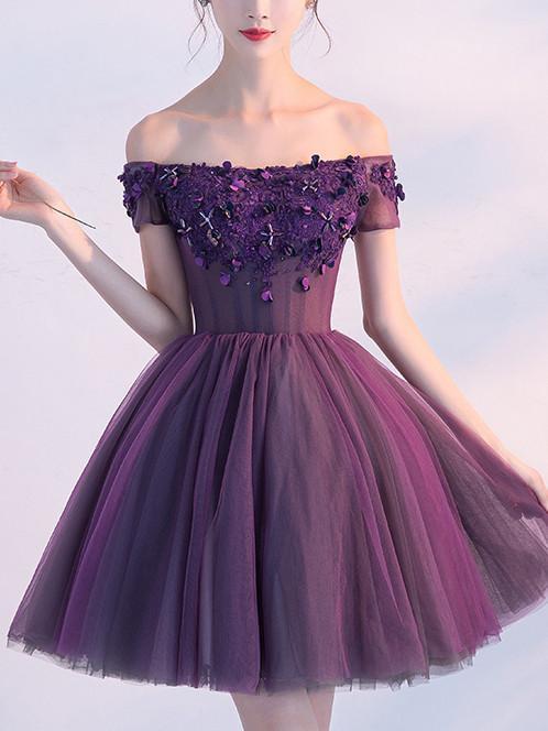A-line Off-the -Shoulder Purple Tulle Homecoming Dress ,Short Prom Dre mybestbridal A-line Off-the -Shoulder Purple Tulle Homecoming Dress ,Short Prom Dre mybestbridal