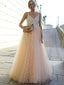 A-line Straps Tulle Pink Long Prom Dress ,Cheap Prom Dresses,PDY0403