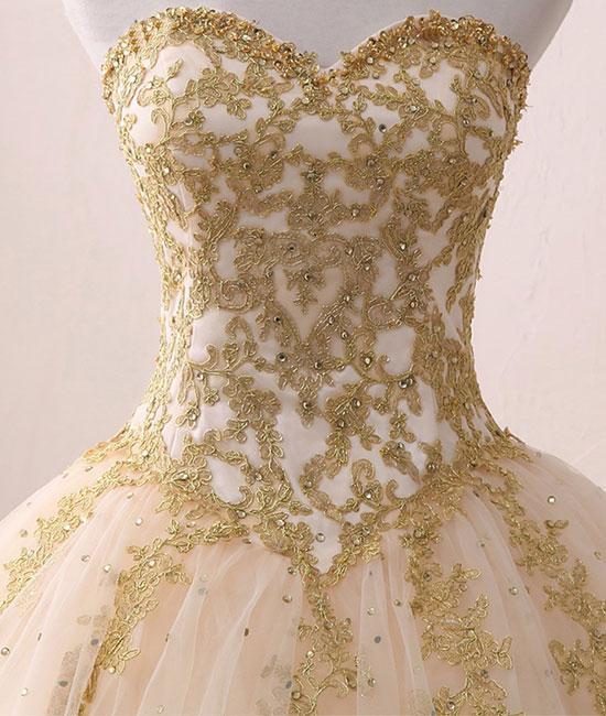 Sweetheart A-line Beaded Gold Lace Prom Dress ,Cheap Prom Dresses,PDY0412