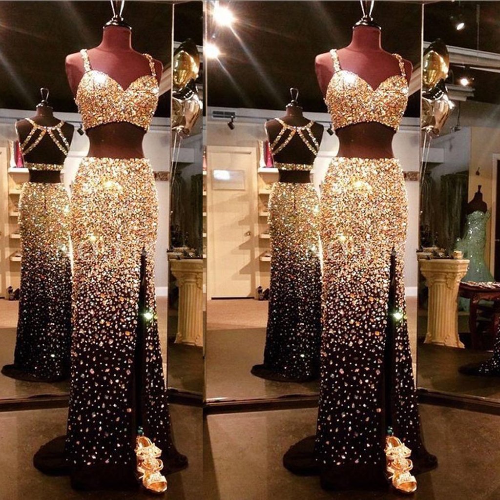 Sparkly Gold And Black Front Split Two Pieces Rhinestone  Modest Prom Dresses, Party Bridal,PDY0222
