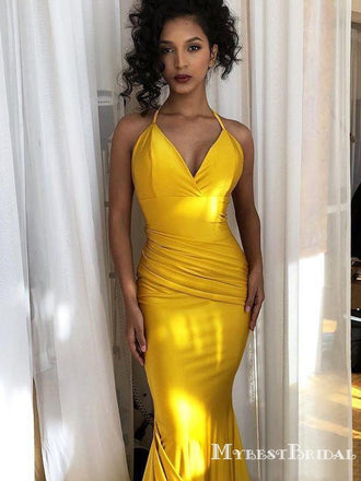 Sexy Mermaid Yellow Prom Dress Cheap Sexy Halter Sleeveless Long Cheap Formal Party Prom Dresses, PDS0053
