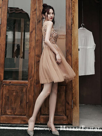 Elegant V-neck Brown Tulle Beaded A-line Short Cheap Homecoming Dresses, HDS0011