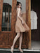 Elegant V-neck Brown Tulle Beaded A-line Short Cheap Homecoming Dresses, HDS0011