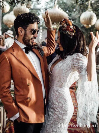 Charming V-neck Long Sleeves Lace Mermaid Long Cheap Wedding Dresses, WDS0039