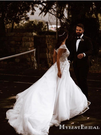 Off-The-Shoulder Lace Appliqued Tulle A-line Long Cheap Wedding Dresses, WDS0040