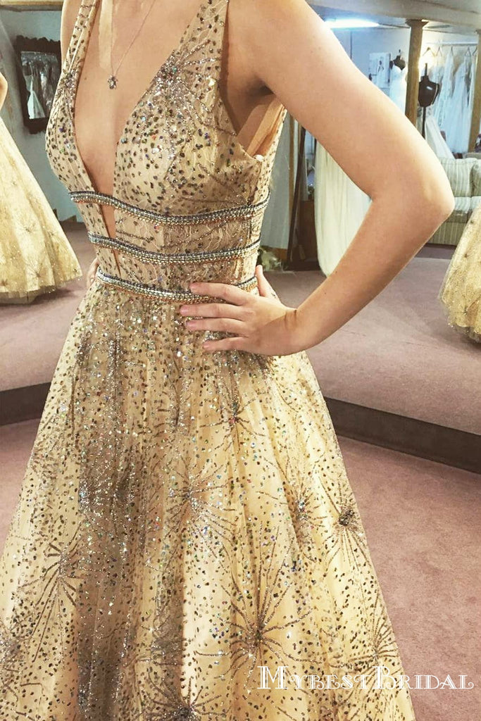 Gorgeous Sexy Deep V-neck Sparkly Champagne Sequin A-line Long Cheap Formal Prom Dresses, PDS0024