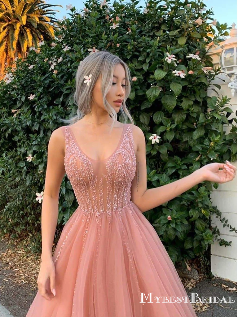 Sparkly Beading Charming V Neck Pink Tulle A Line Beauty Long Cheap Evening Party Formal Prom Dresses, PDS0051
