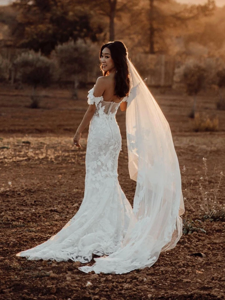 Romantic Off-The Shoulder Lace Mermaid Long Cheap Wedding Dresses, WDS0042