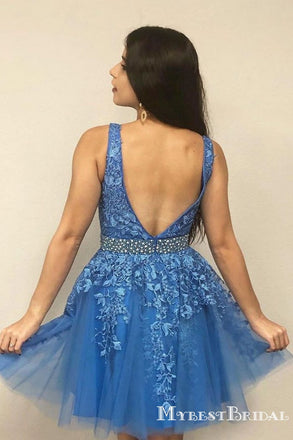 New Arrival V-neck Blue Tulle Lace Appliqued A-line Short Cheap Homecoming Dresses, HDS0014