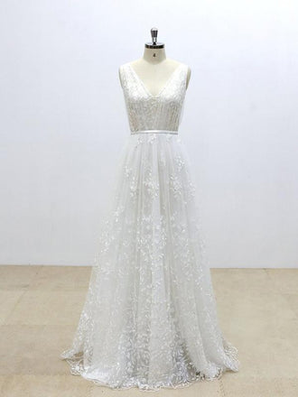 Simple V Neck Lace Cheap A-line Wedding Dresses Online, WDY0240