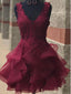 V Neck Burgundy Lace Short Cheap Homecoming Dresses Online, BDY0352