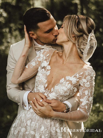 Romantic A-line Long Sleeves Lace Bridal Gowns Long Cheap Wedding Dresses, WDS0010