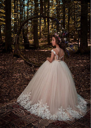 Modest Tulle Scoop Pink Older Flower Girl Dresses With Lace Appliques & Beadings ,FGY0157