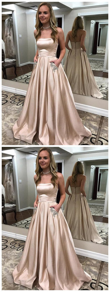 A-line Strapless Long Gold Prom Dresses with Pocket ,Cheap Prom Dresses,PDY0423