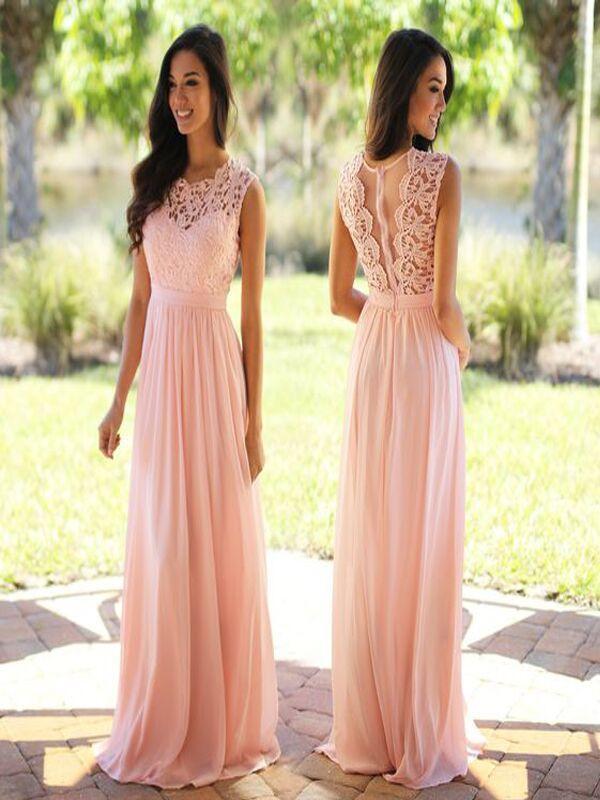 Elegant Lace Floor-Length Applique Blush Pink Long Formal Cheap Chiffon Bridesmaid Dresses, WGY0325