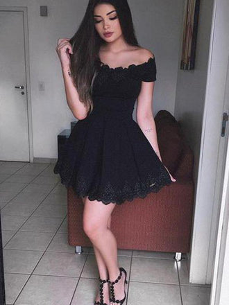 Off Shoulder Black Lace Simple Cheap Short Homecoming Dresses 2018, Little Black Dress, BDY0290