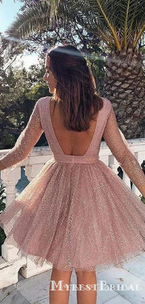 Newest Sparkly Pink Long Sleeve Sequin Short Backless Formal Homecoming Dresses, TYP0068