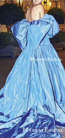 Newest Elegant Off-The-Shoulder Long Sleeves Blue Saitn A-line Long Cheap Evening Party Prom Dresses, PDS0017