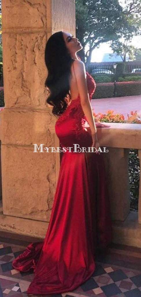 Sexy Backless Red Mermaid Long Evening Prom Dresses, Cheap Custom Party Prom Dresses, PDS0084