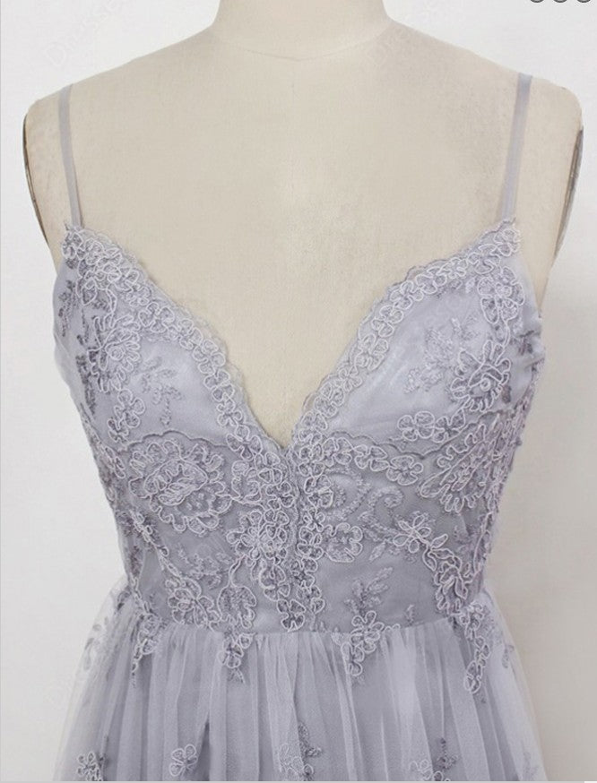 Simple V-neck Grey Spahgetti Straps Tulle Lace Long Prom Dress ,Train Dresses,PDY0363